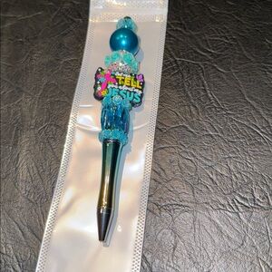 Pen Aqua Jeweled Pen w/Jesus focal Bead, NEW, Beautiful, Hand Crafted